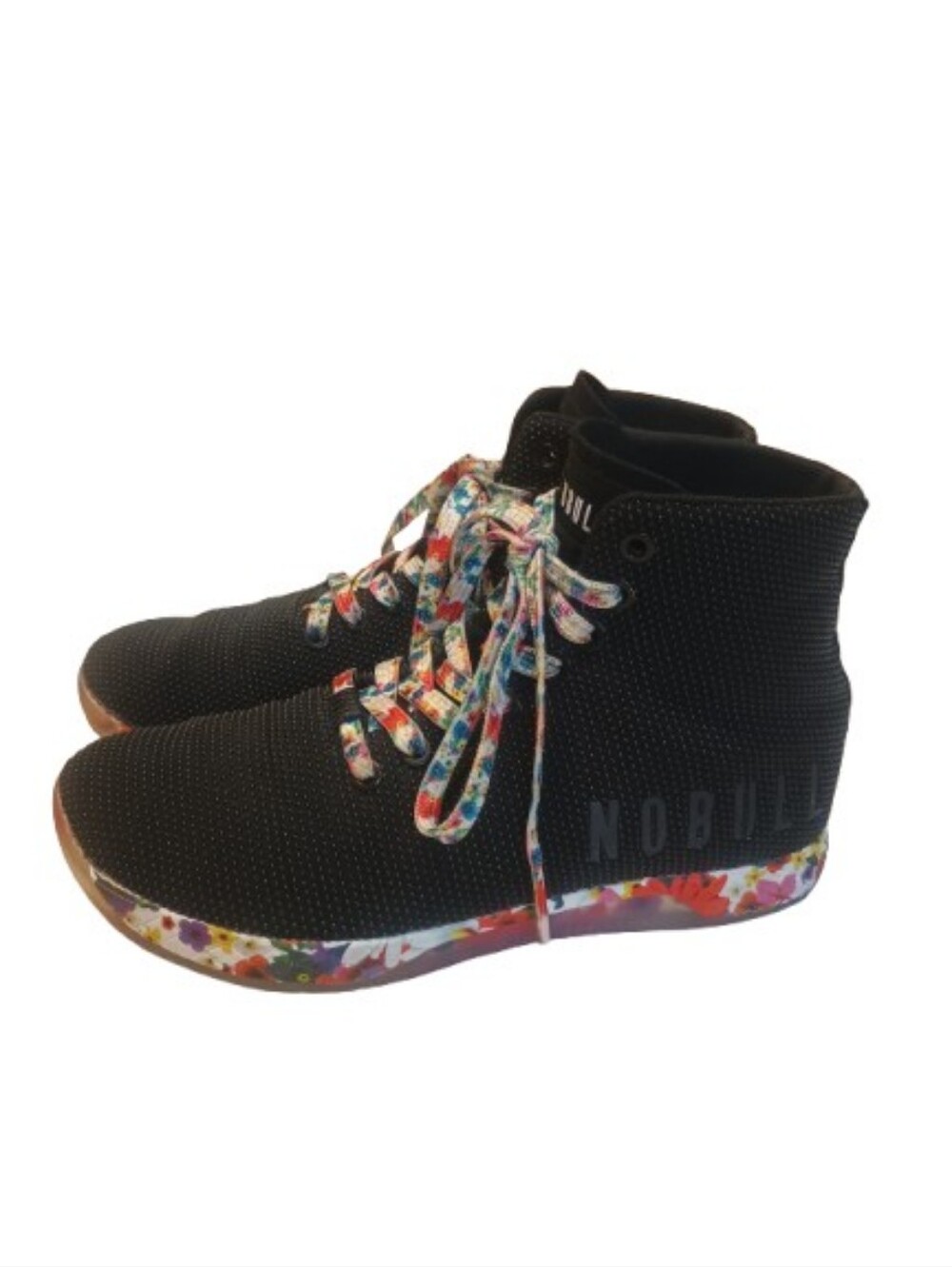 NOBULL Black High-Top Sneakers with Multicolor Floral Laces and Sole Size:7.5
